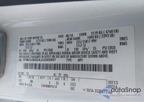 2018 Ford Escape Se из США, поврежденный, VIN 1FMCU9GD4JUD05957